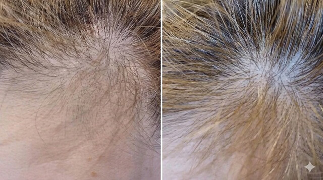 ヘアバース飲み始め1ヶ月目と6か月後の生え際(そりこみ部)の比較