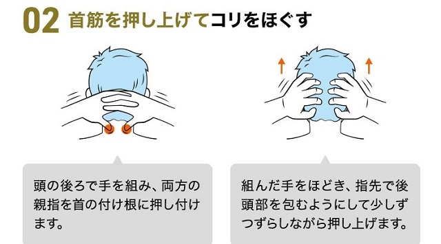 頭の後ろで手を組み、両方の親指を首の付け根に押し付けます。組んでいた手をはなして指先で後頭部を包むようにして少しずつずらしながら押し上げてマッサージします。