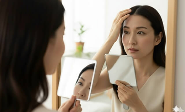 分け目を合わせ鏡でみている女性