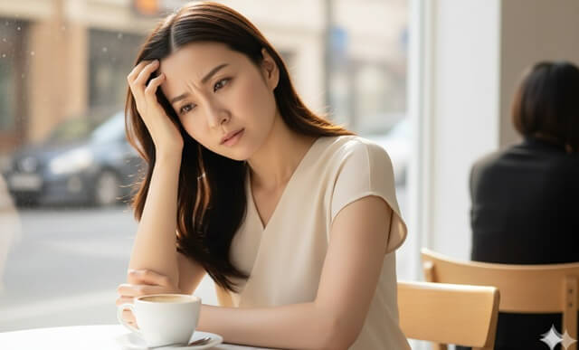 女性が疲れてストレスを抱えた表情をしている