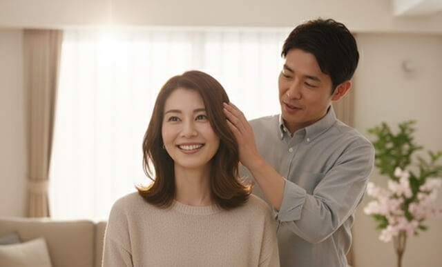 髪がボリュームアップしてご主人に褒められてる女性