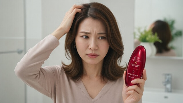 女性がスカルプD育毛剤を持って困惑している