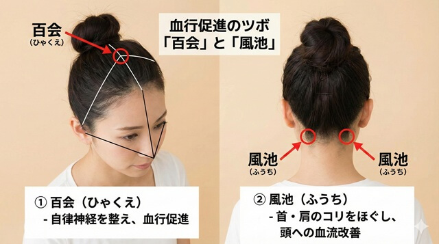 血行促進のツボ「百会(ひゃくえ)」と「風池(ふうち)」の場所を解説