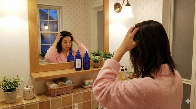 自宅洗面所で頭皮マッサージをする女性