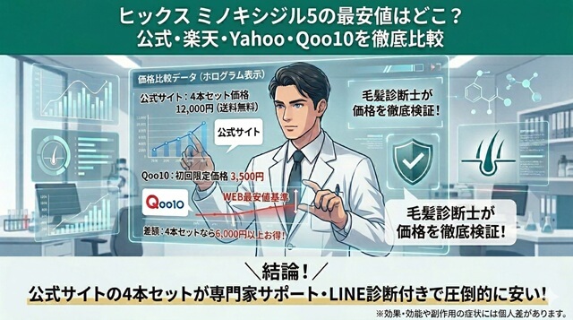 ヒックス ミノキシジル5の最安値はどこ？Amazon・楽天と4本セットを徹底比較