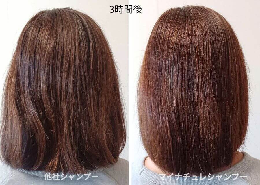 左：他社のアミノ酸系ノンシリコンシャンプー、右：マイナチュレシャンプー（ブロー後3時間経過）